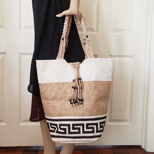 Rustic Town Burlap Macrame Wood Beaded Tote Bag Large 17"x16.75"x7"